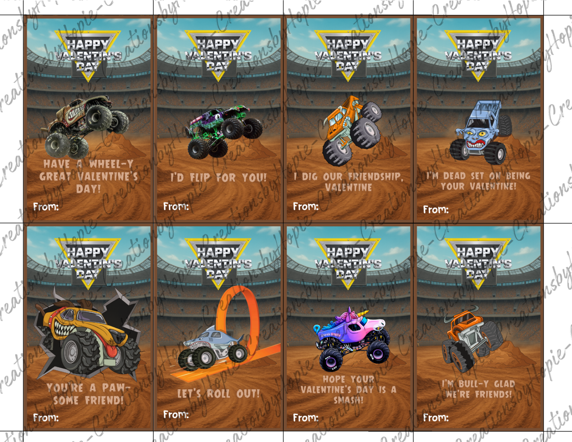 Monster Trucks Valentines Day Cards